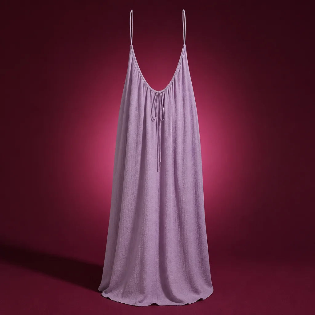 Studio product portrait, 1:1. The exact sourced lilac Vestido Elara from reference r10 is the sole s