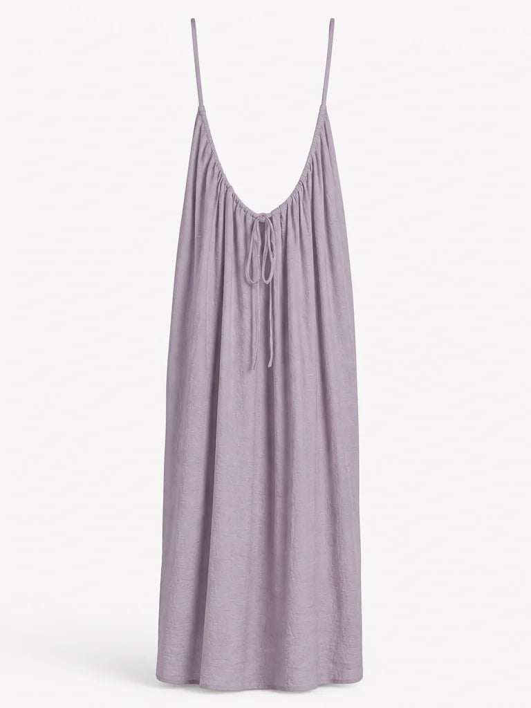 Clean isolated fashion product photograph, 3:4. The exact sourced lilac Vestido Elara from reference