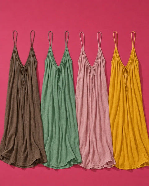 Overhead inventory photograph, 4:5. Show exactly four separately countable sourced Vestido Elara dre