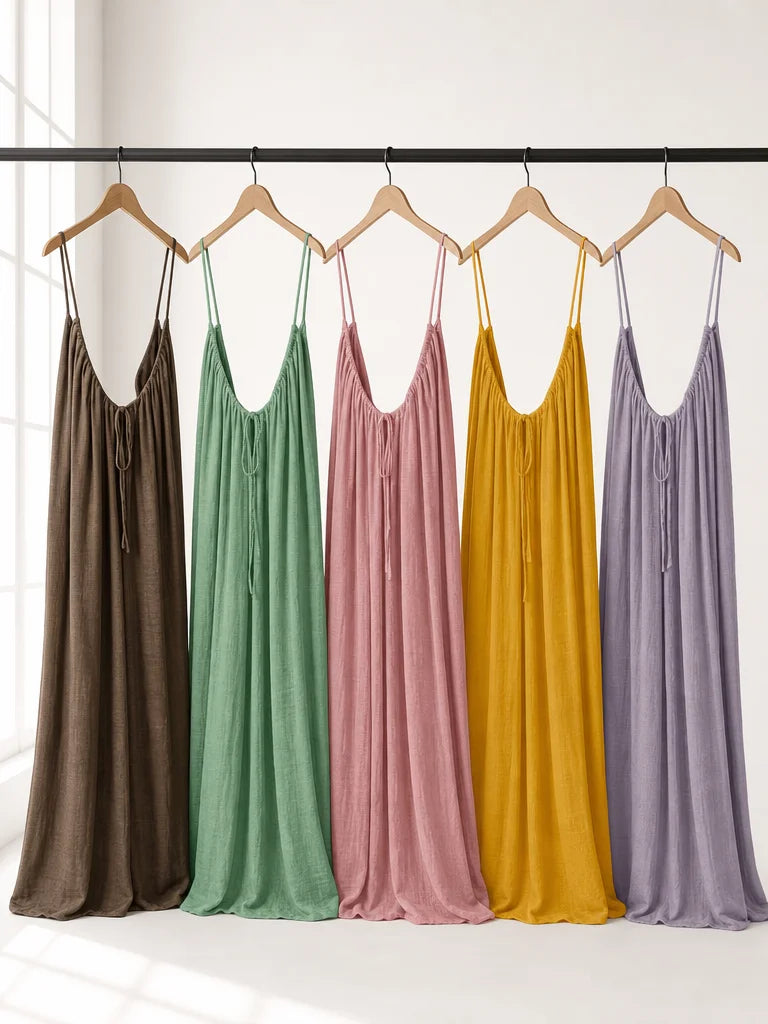 Editorial fashion capsule still life, 3:4. Arrange five separately identifiable exact Vestido Elara