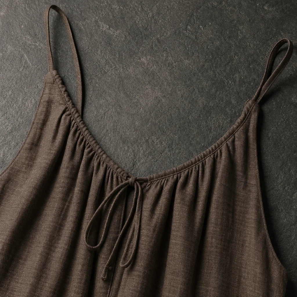 Professional fashion material macro, 1:1. Isolate the source-visible thin strap and open-back tie ju