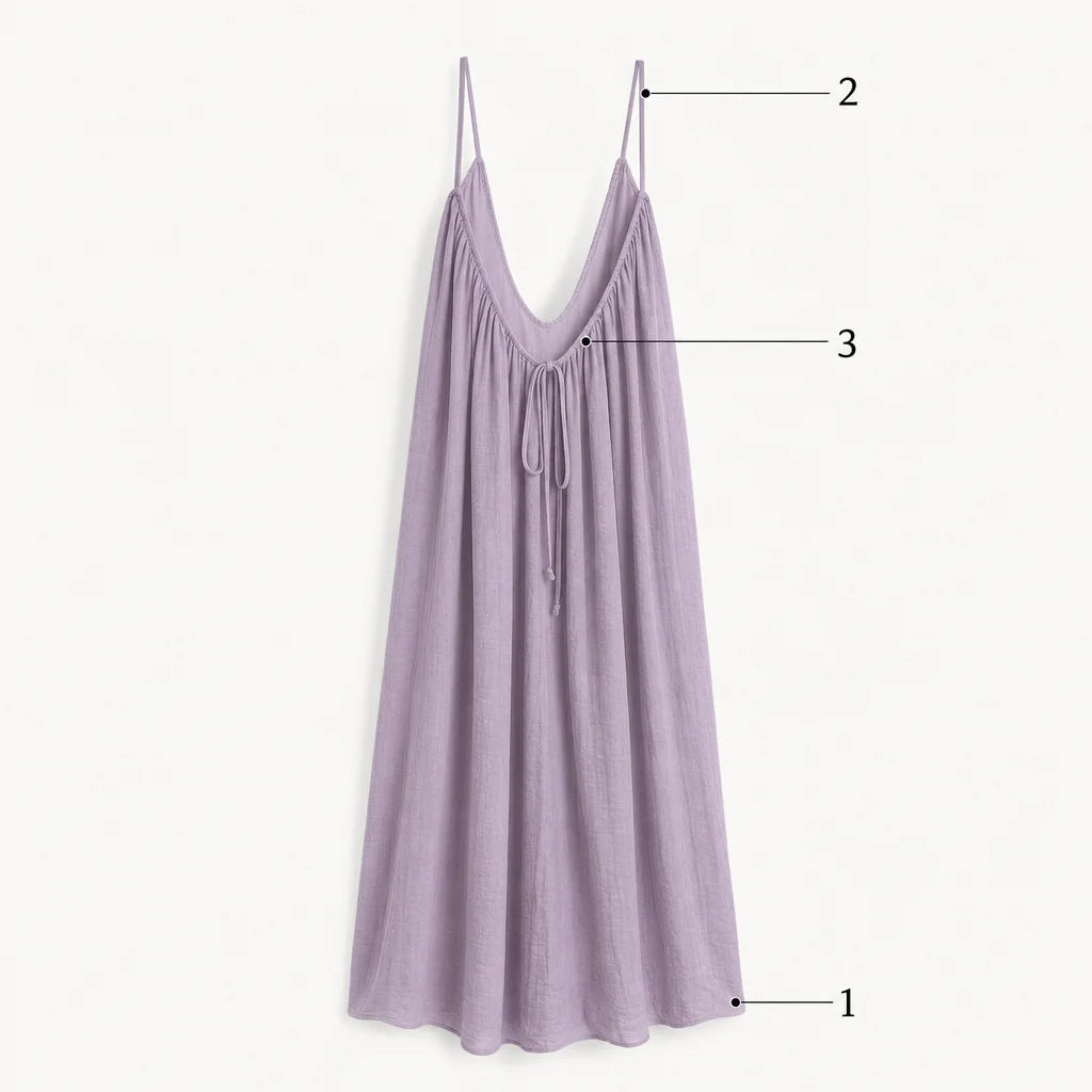 Annotated fashion construction composition, 1:1. Show the exact lilac Vestido Elara from reference r